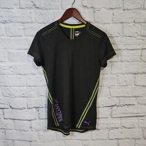 Puma Women's Charcoal Gray Athletic Tee with Green and Purple Accents